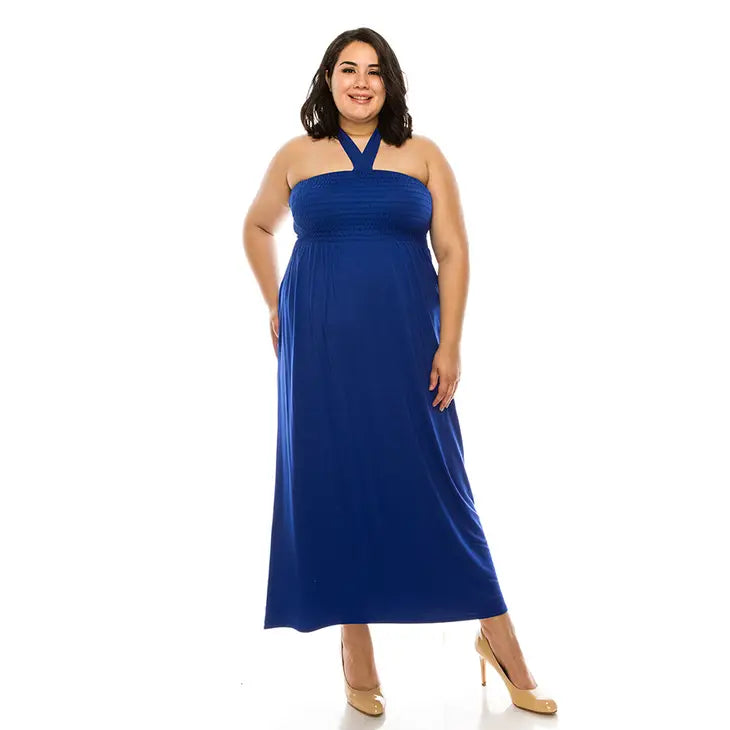 Halter Smocked Maxi Dress with Shirred Upper Top