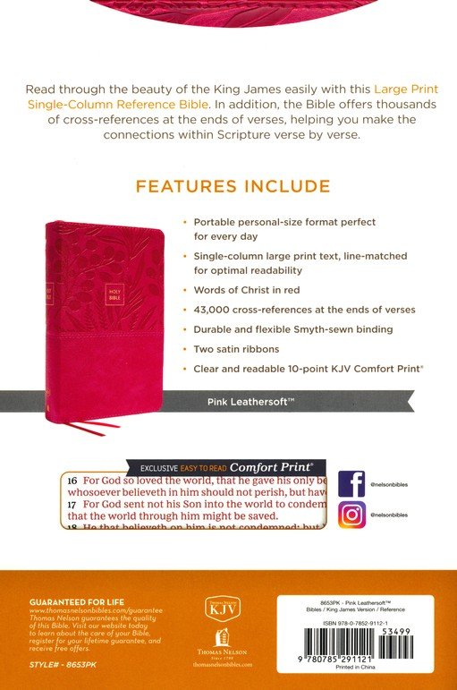 KJV, End-of-Verse Reference Bible, Personal Size Large Print, Leathersoft, Pink, Red Letter, Comfort Print