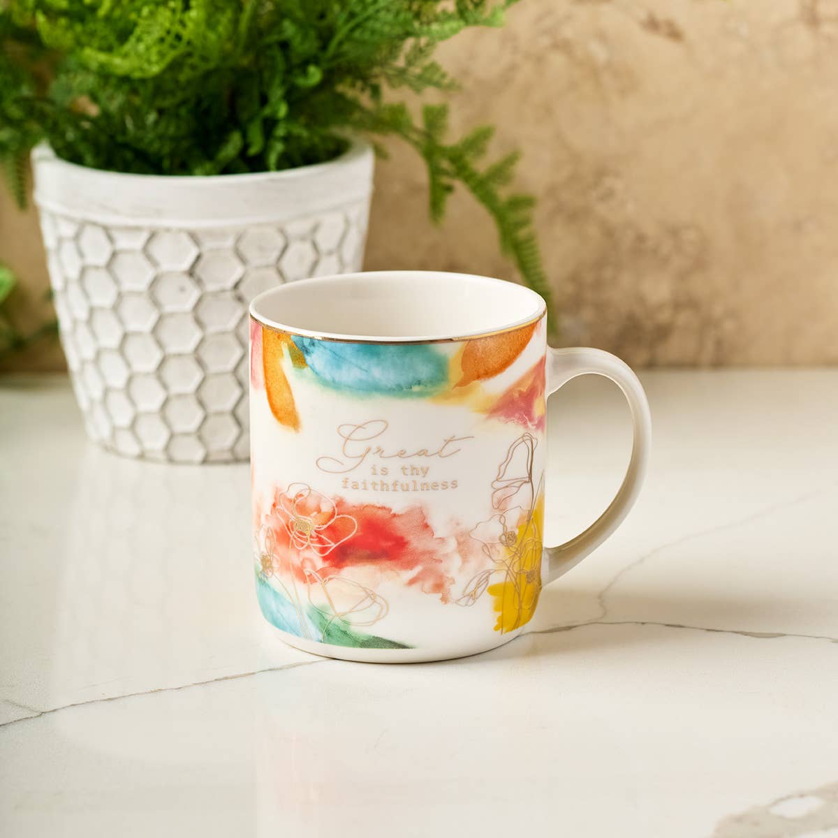 Christian Art Gifts - Mug White/White Floral Great Is Thy Faithfulness