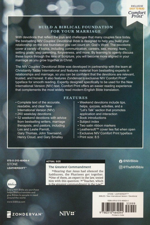 NIV Couples' Devotional Bible, Comfort Print--soft leather-look, stone