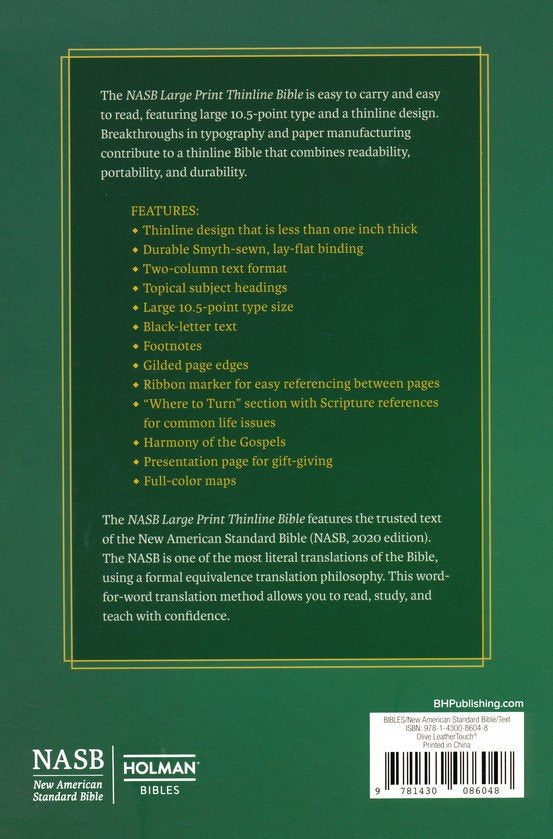 NASB 2020 Large Print Thinline Bible--soft leather-look, olive