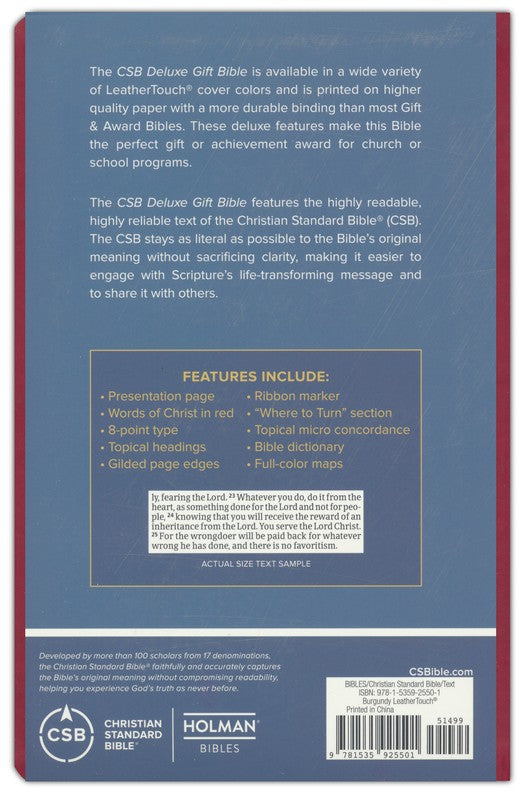 CSB Deluxe Gift Bible--soft leather-look, burgundy