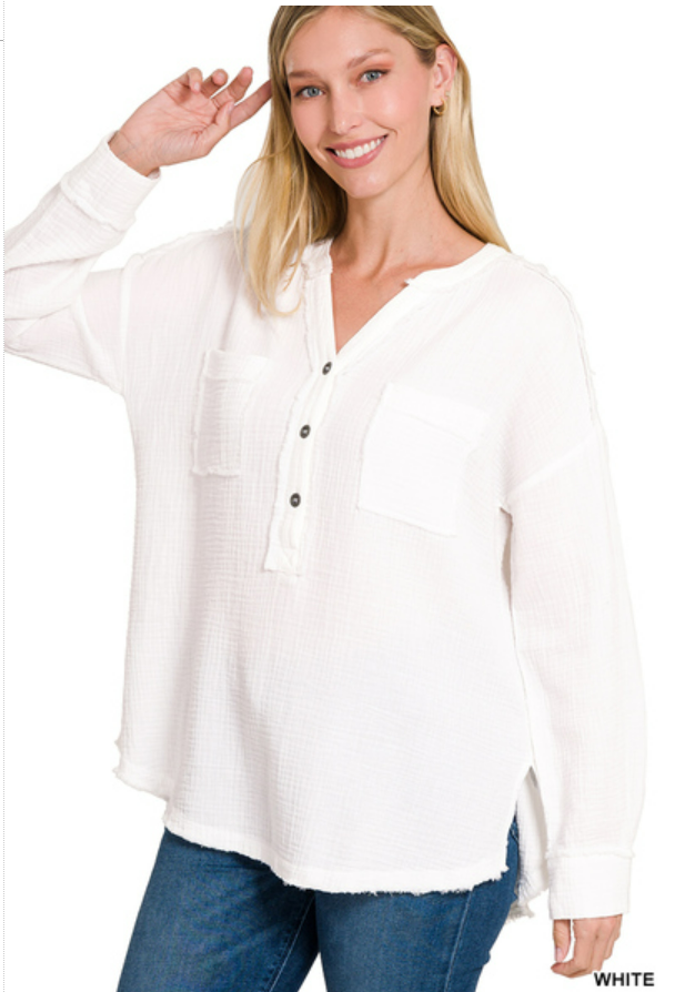 DOUBLE GAUZE 3/4 BUTTON HENLEY-NECK SHIRT