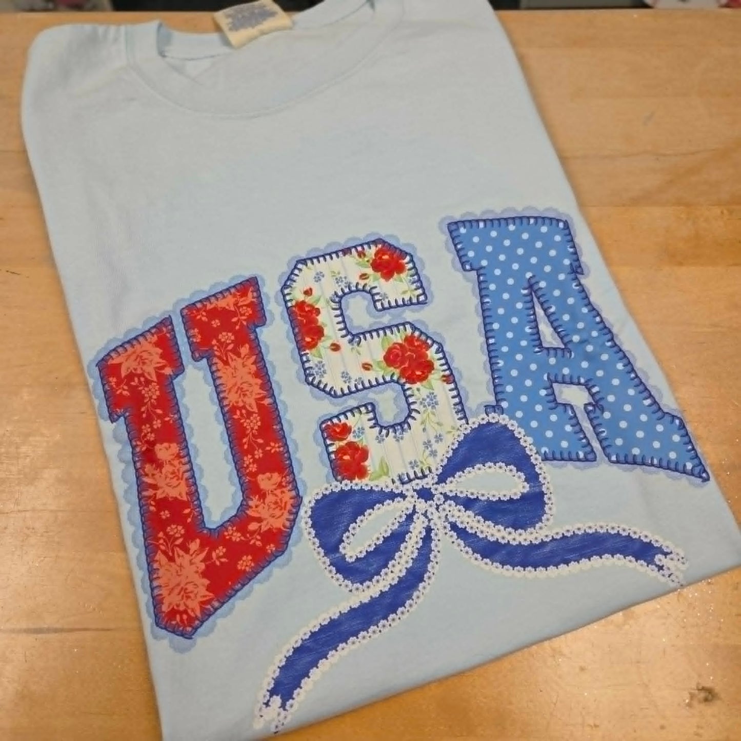 Saving Grace USA faux patriotic patchwork quilt tee