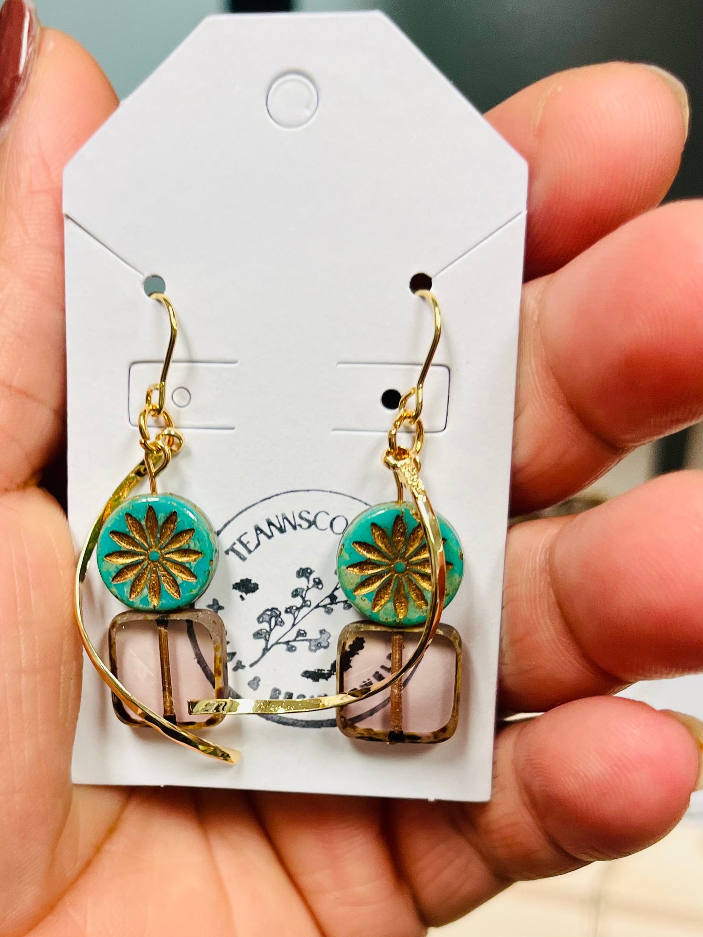 Teannscorner- gold plated stainless steel turquoise flower square earrings