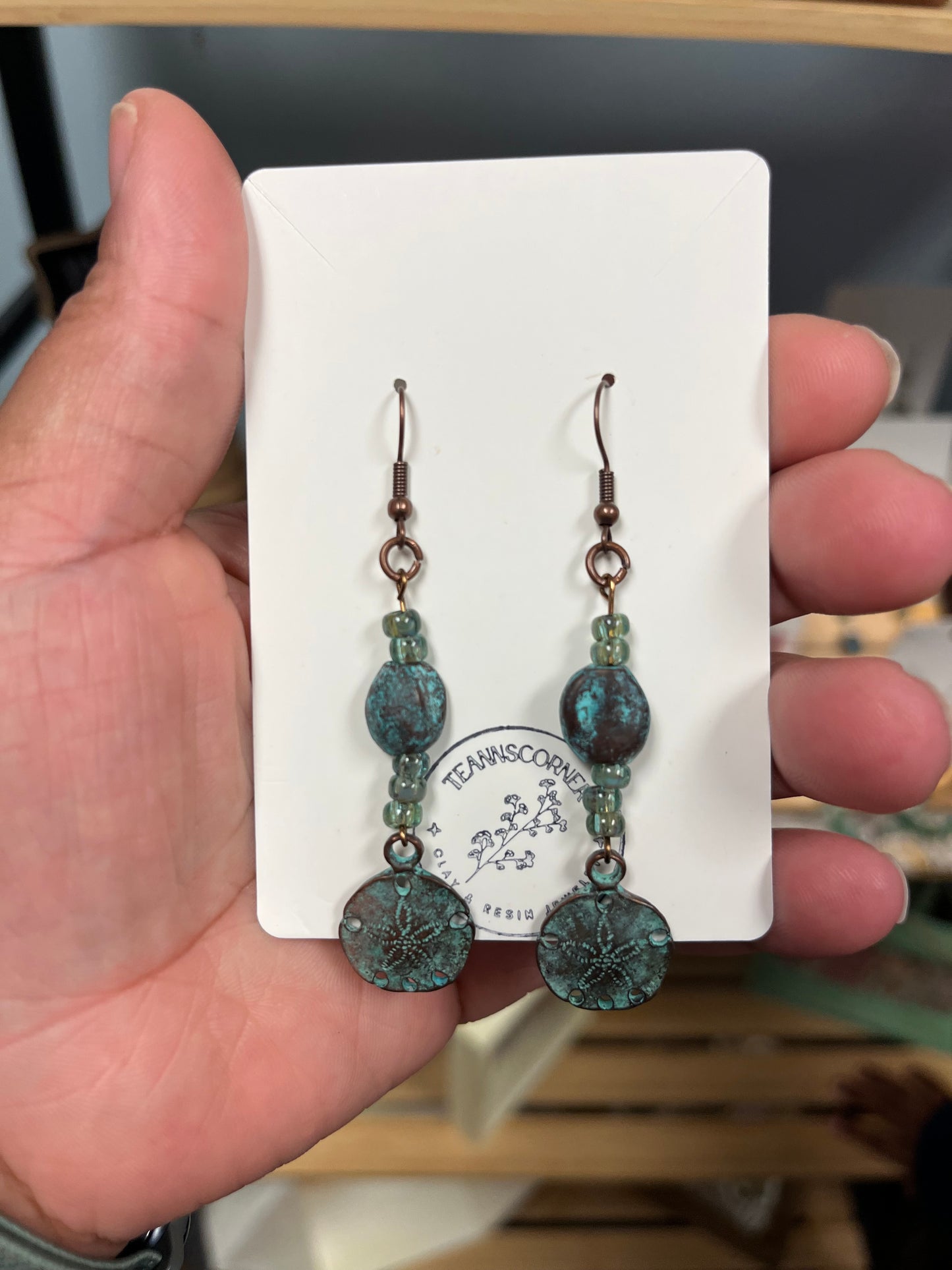 Teannscorner- Teal Sand Dollar Bronze Beaded Earrings $15