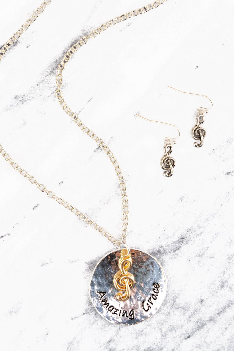 TWO-TONE 'AMAZING GRACE' PENDANT NECKLACE AND EARRING SET