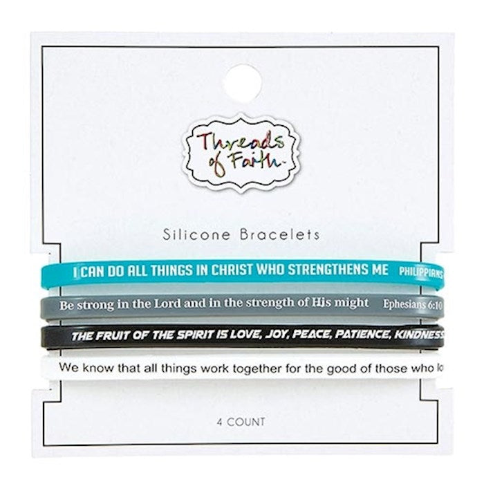 Bracelet Set-Threads Of Faith-Silicone-Phil 4:13/Eph 6:10/Gal 5:22/Rom 8:28 (Set Of 4)