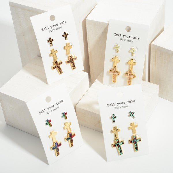 Set of Three Pairs of Cross Stud Earrings.