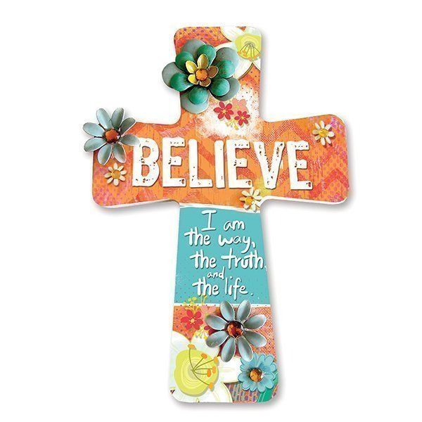 Wall Cross-Believe-Wood w/Metal Flower & Jewel Accents