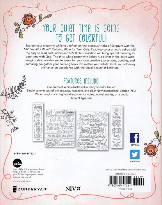 NIV Beautiful Word Coloring Bible for Teen Girls, Hardcover