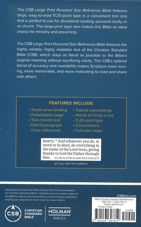 CSB Large Print Personal Size Reference Bible, Purple LeatherTouch