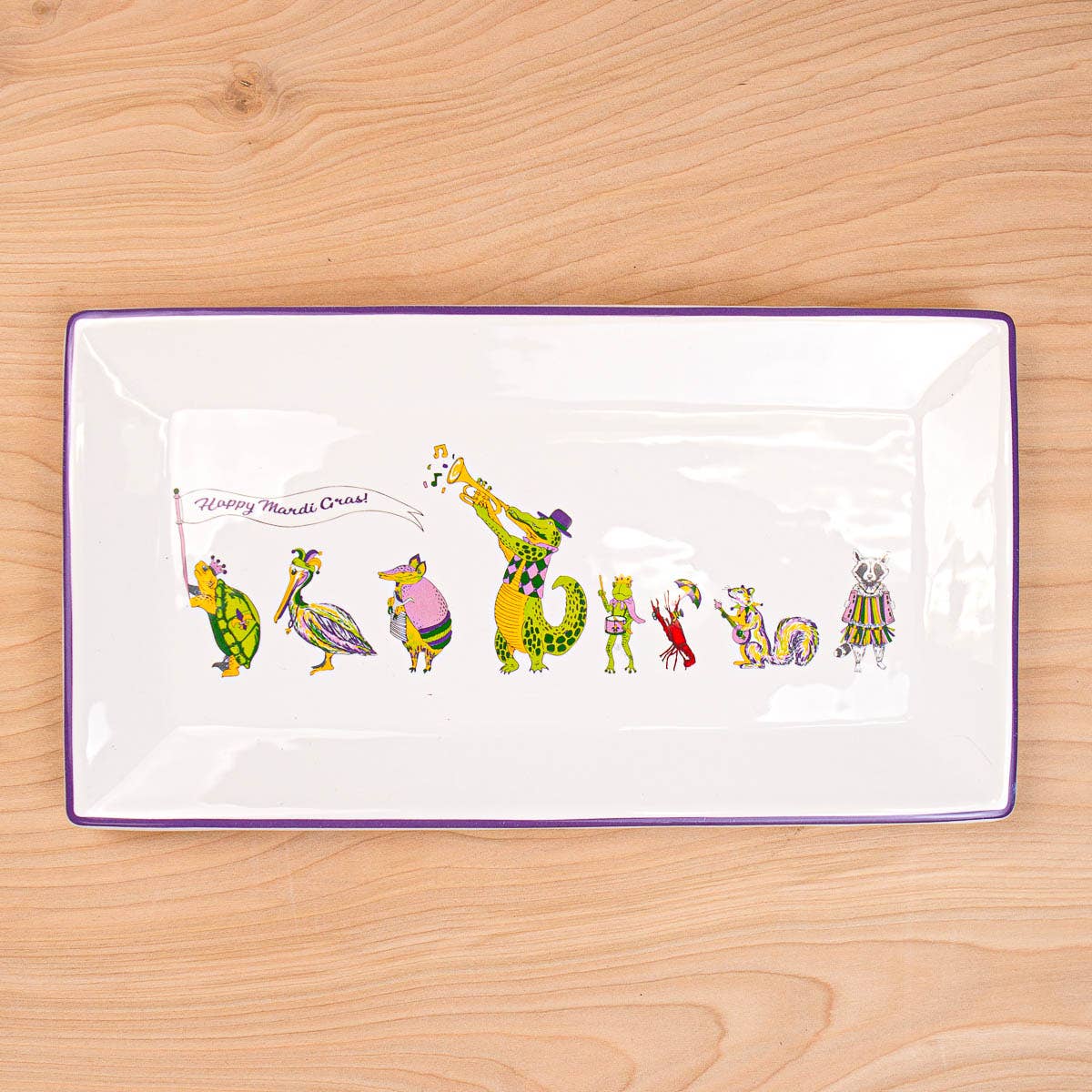 The Royal Standard - Mardi Gras Band Rectangle Platter White/Purple/Green/Yellow 12x6.5