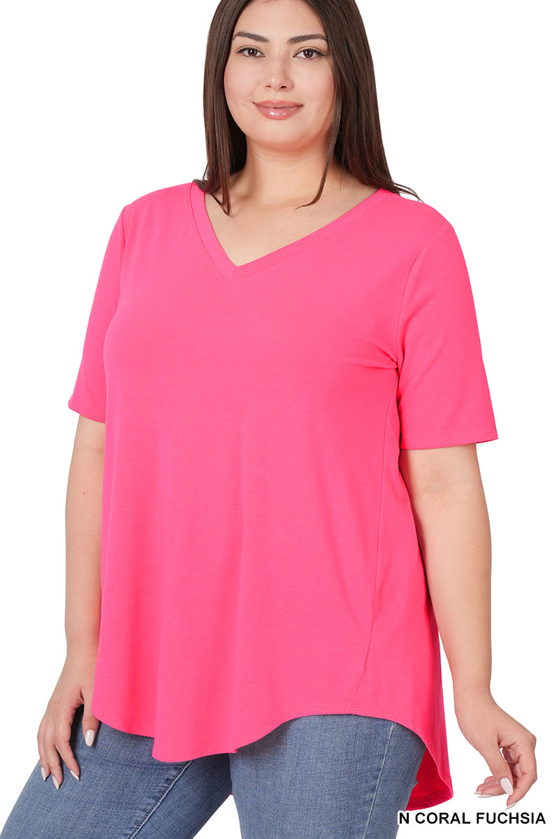 PLUS LUXE RAYON SHORT SLEEVE V-NECK HI-LOW HEM TOP