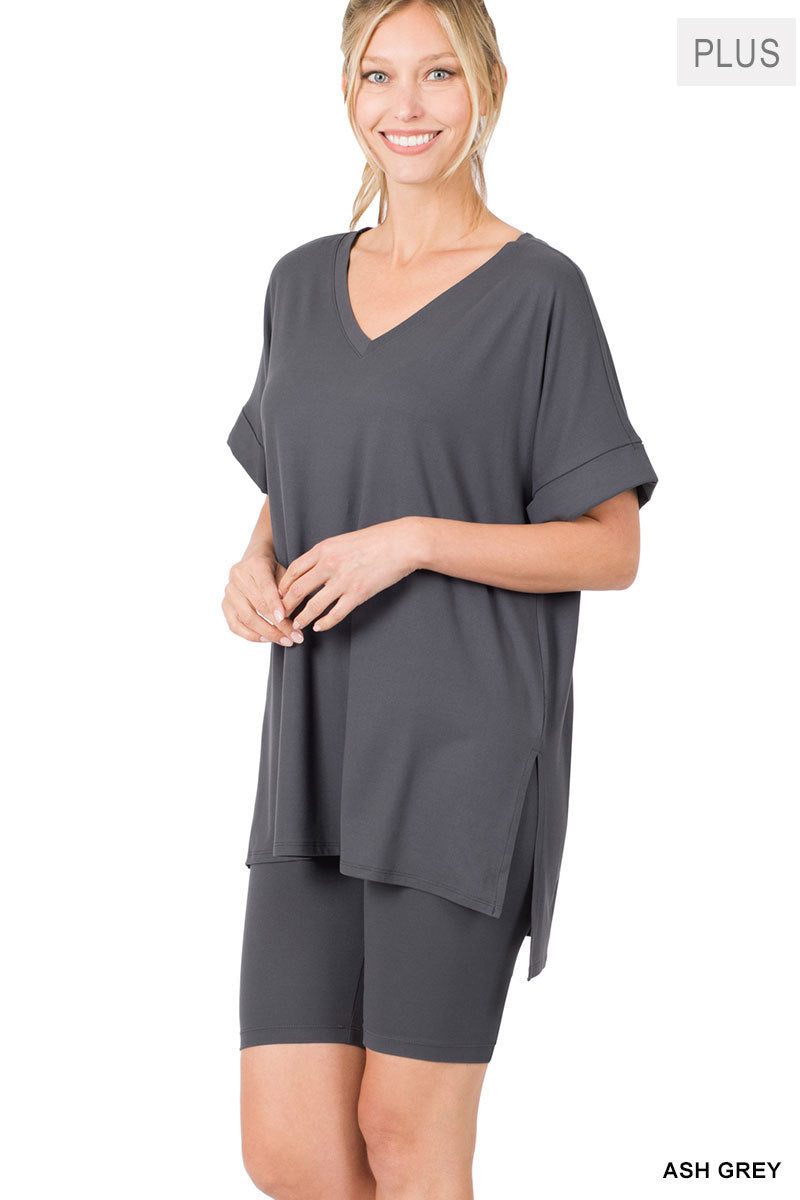 PLUS BRUSHED DTY MICROFIBER V-NECK TOP & BIKER