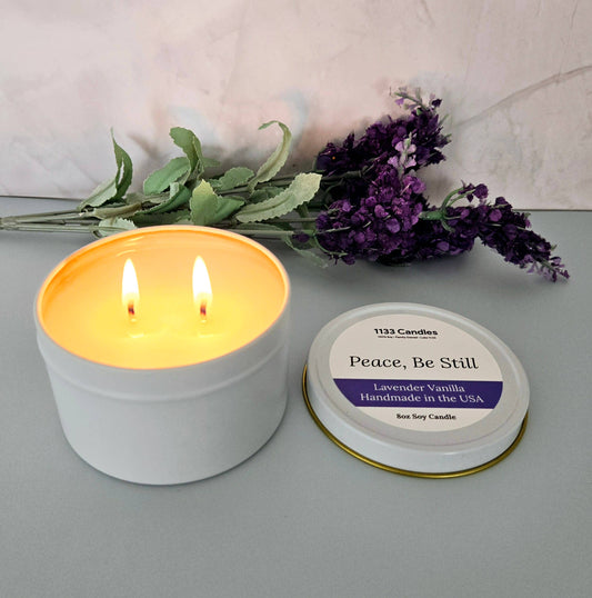 1133 Candles - Lavender Vanilla 8oz Candle - Be Still Bible Verse Candle