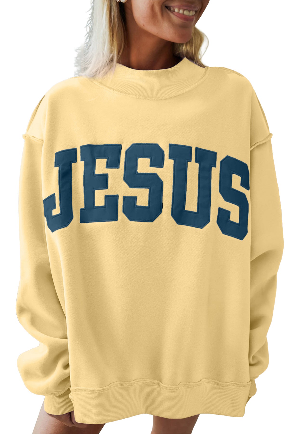 Meadow Mist Green JESUS Letter Patch Graphic Exposed Seam Mock Neck Baggy Sweatshirt