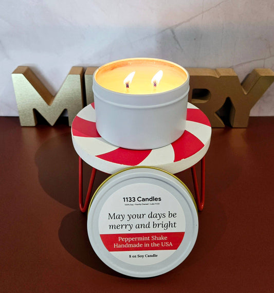 1133 Candles - Christmas 2025: 8oz Peppermint Candle - Merry & Bright
