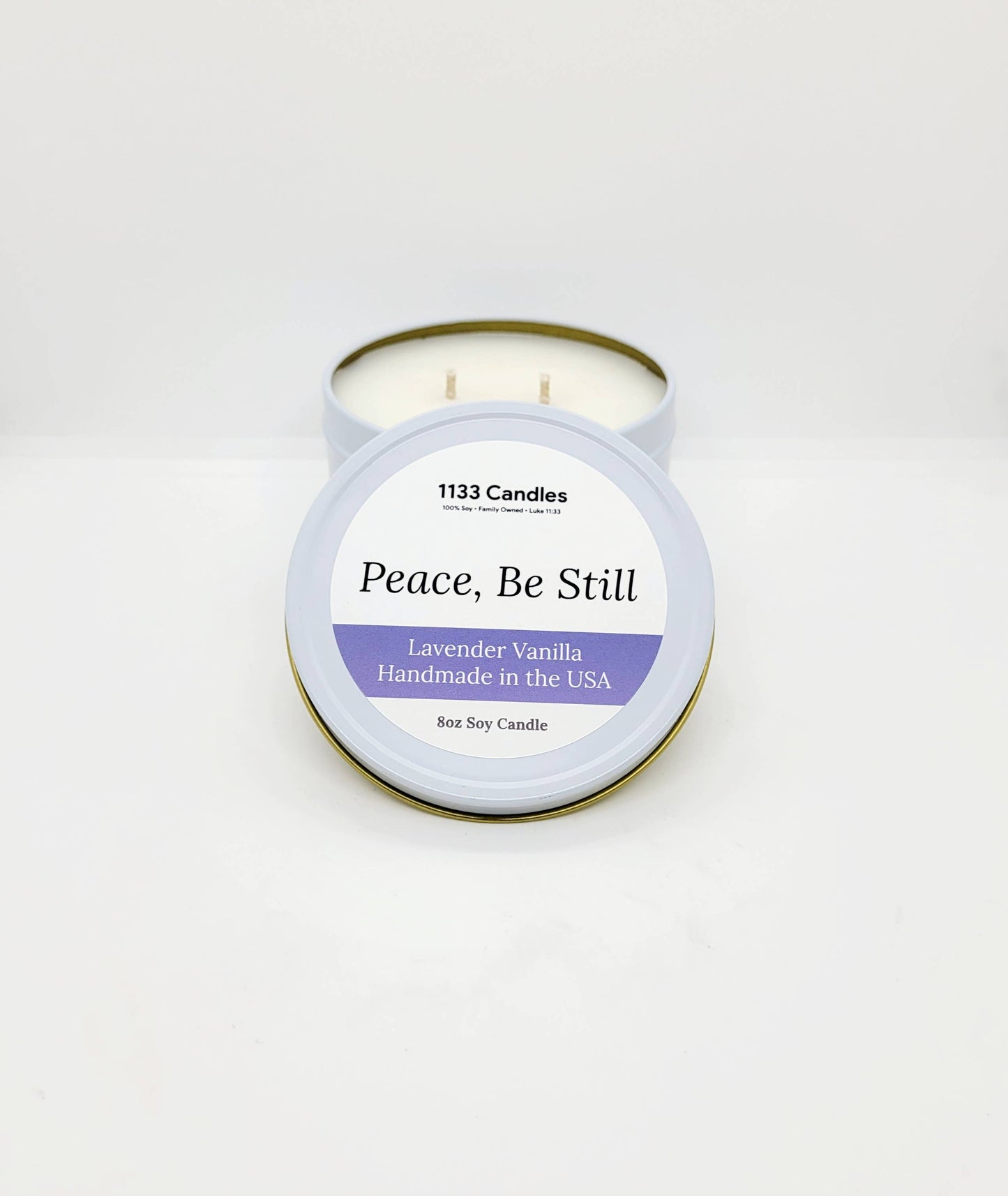 1133 Candles - Lavender Vanilla 8oz Candle - Be Still Bible Verse Candle