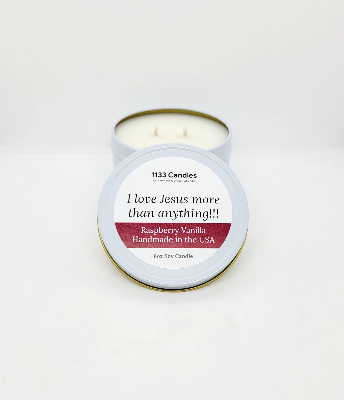 1133 Candles - 8oz Candle Raspberry Vanilla  - I love Jesus Christian Gift