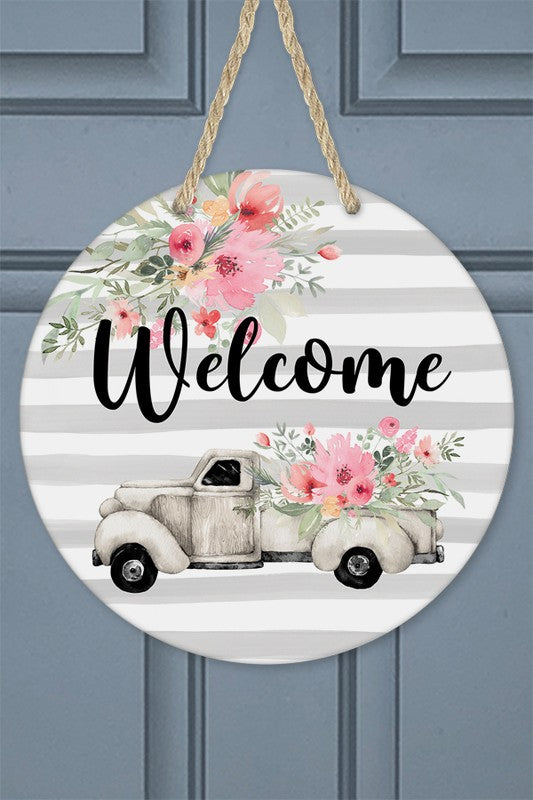 Welcome Floral Truck Home Door Hanger