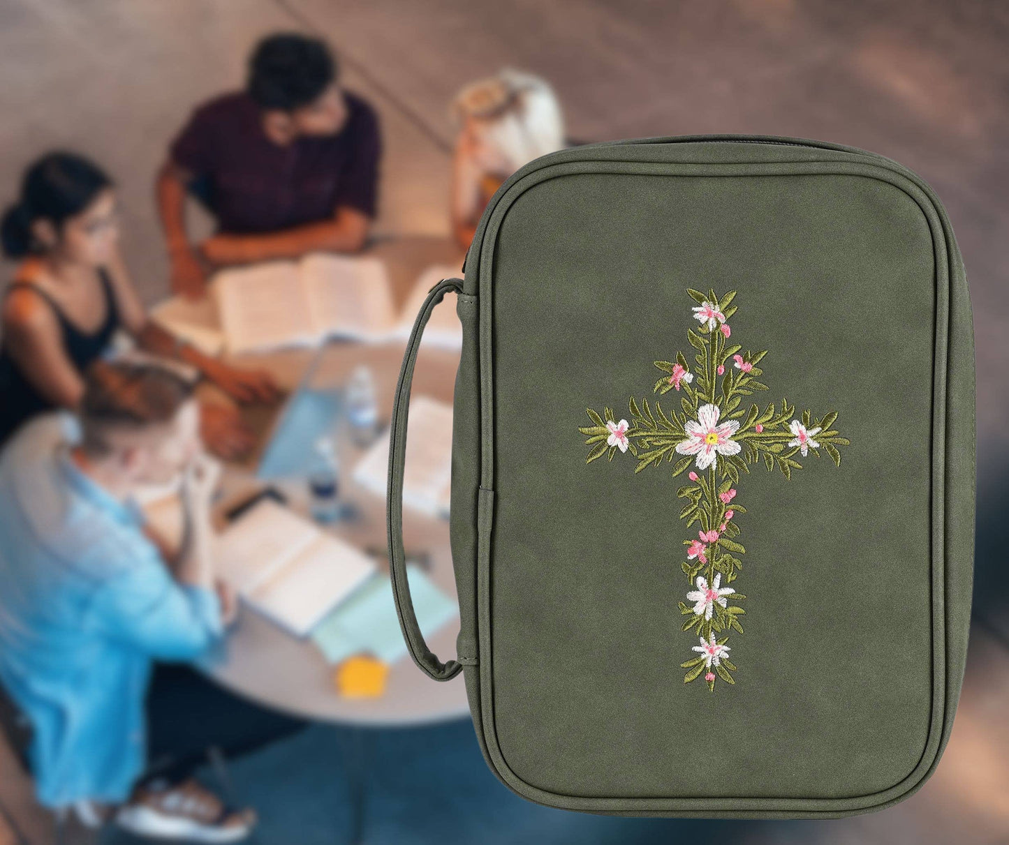Magnolia - White Dove Bible Case Embroidered Cross Green XLarge