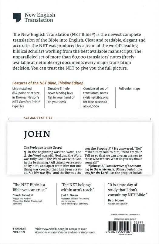 NET Comfort Print Thinline Bible--soft leather-look, brown