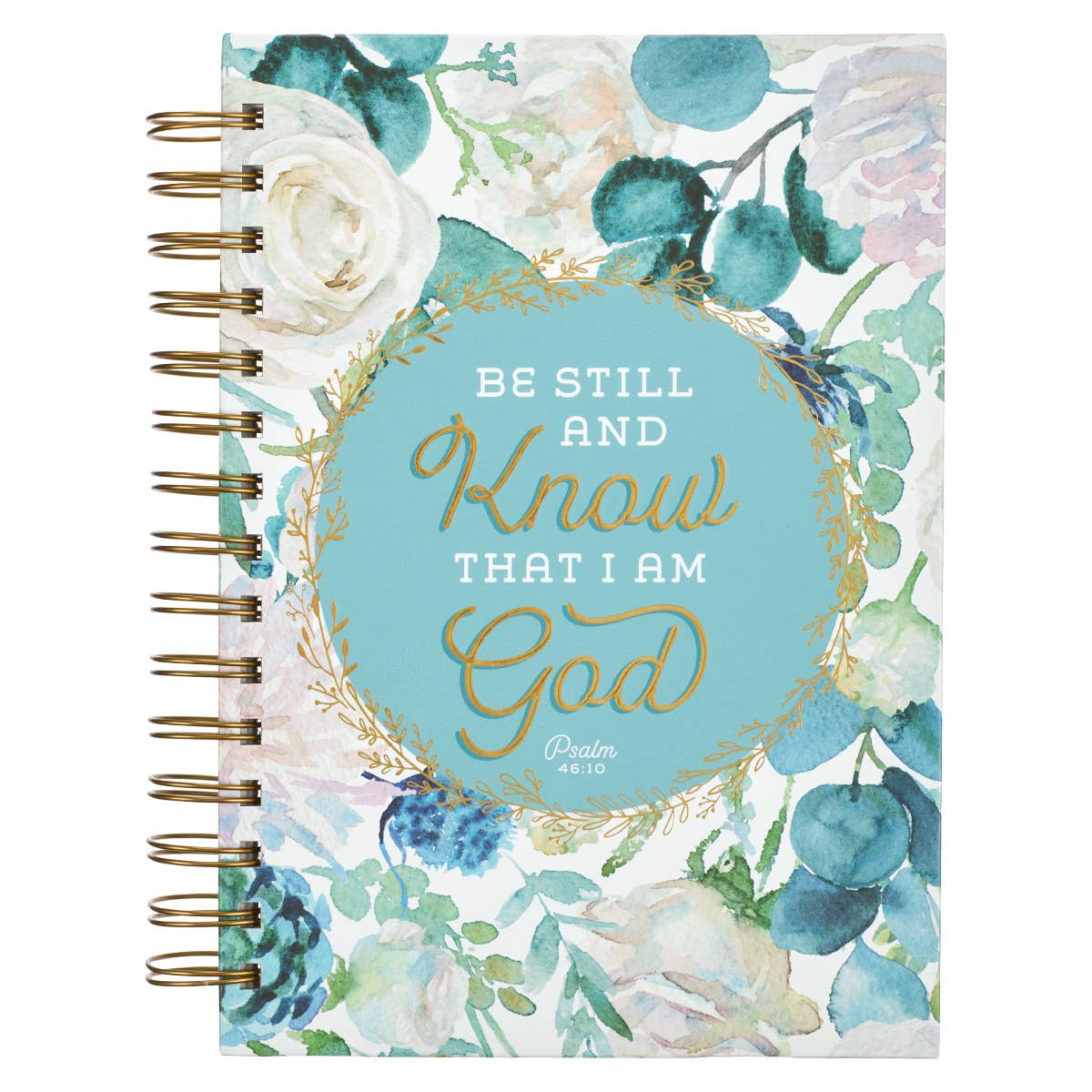 Christian Art Gifts - Journal Wirebound White/Teal Floral Be Still  Ps. 46:10
