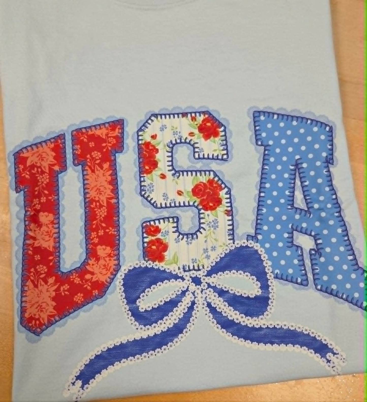 Saving Grace USA faux patriotic patchwork quilt tee
