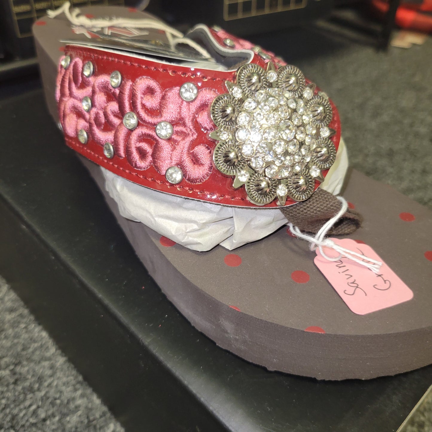 Saving Grace Tee Co-  Montana West Flip Flops, Red swirl with silver concho