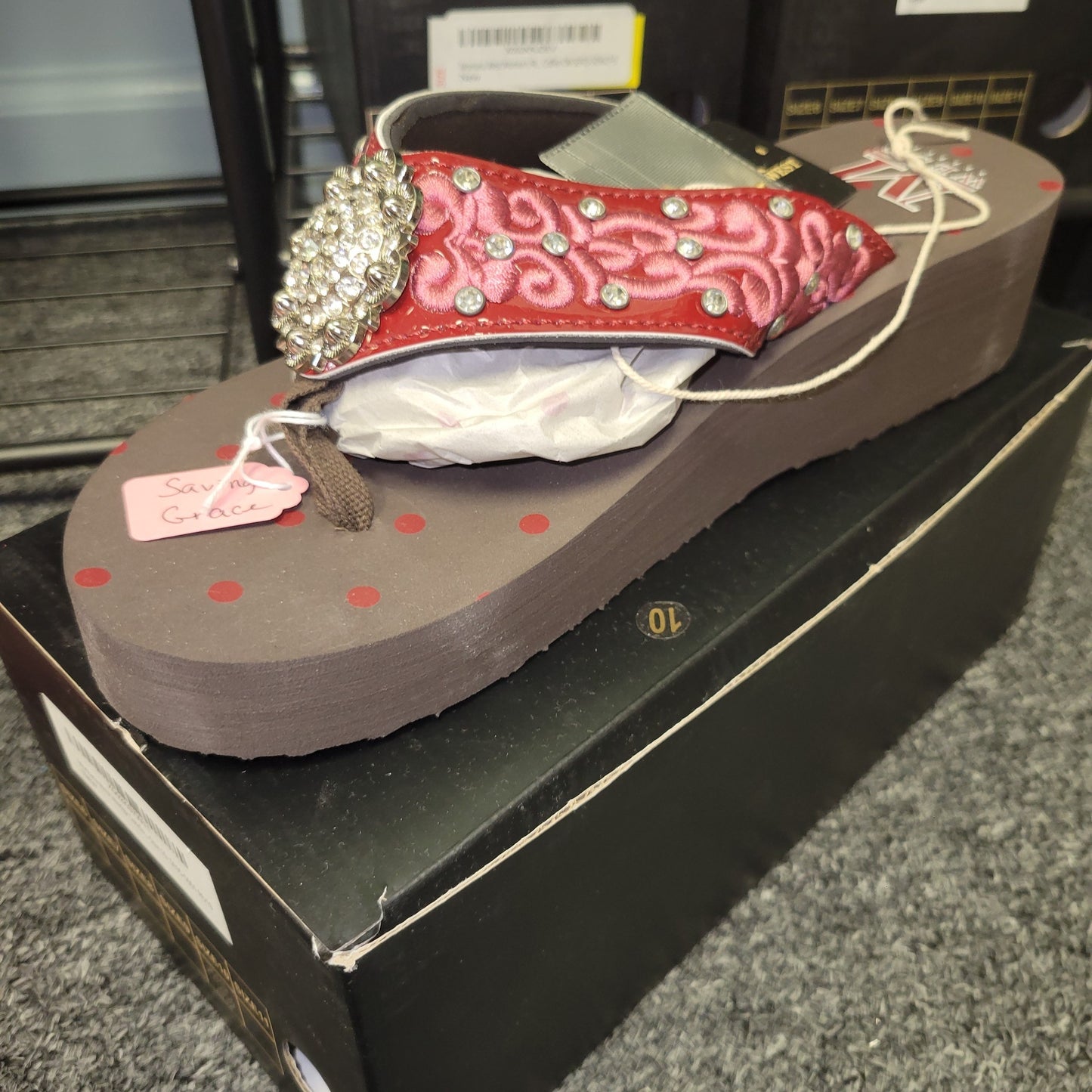 Saving Grace Tee Co-  Montana West Flip Flops, Red swirl with silver concho