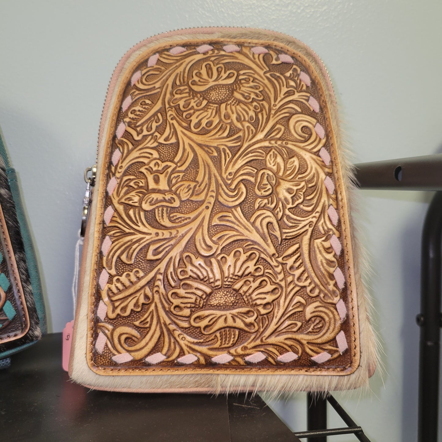 Saving Grace Tee Co-  Montana West Floral Tooled Genuine Cowhide Hair-On Trimmed Sling Bag - Pink