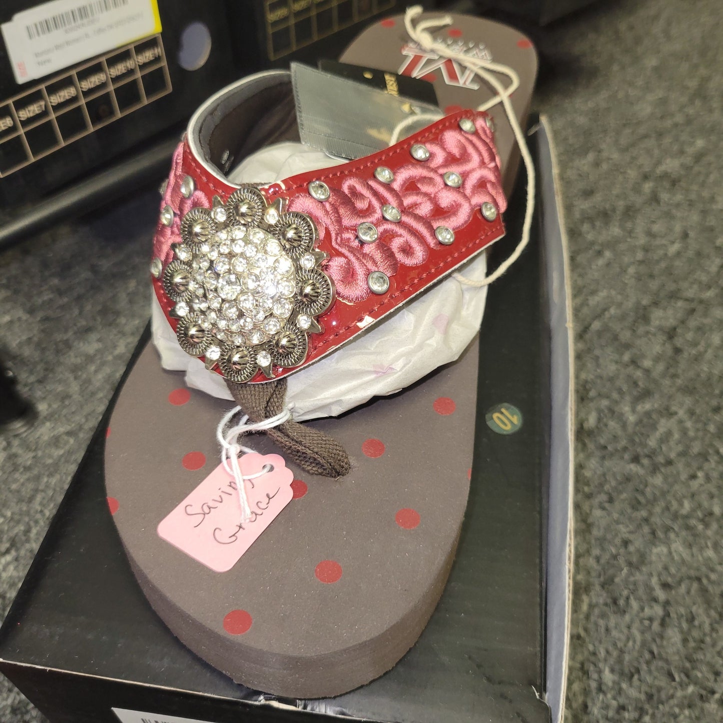 Saving Grace Tee Co-  Montana West Flip Flops, Red swirl with silver concho