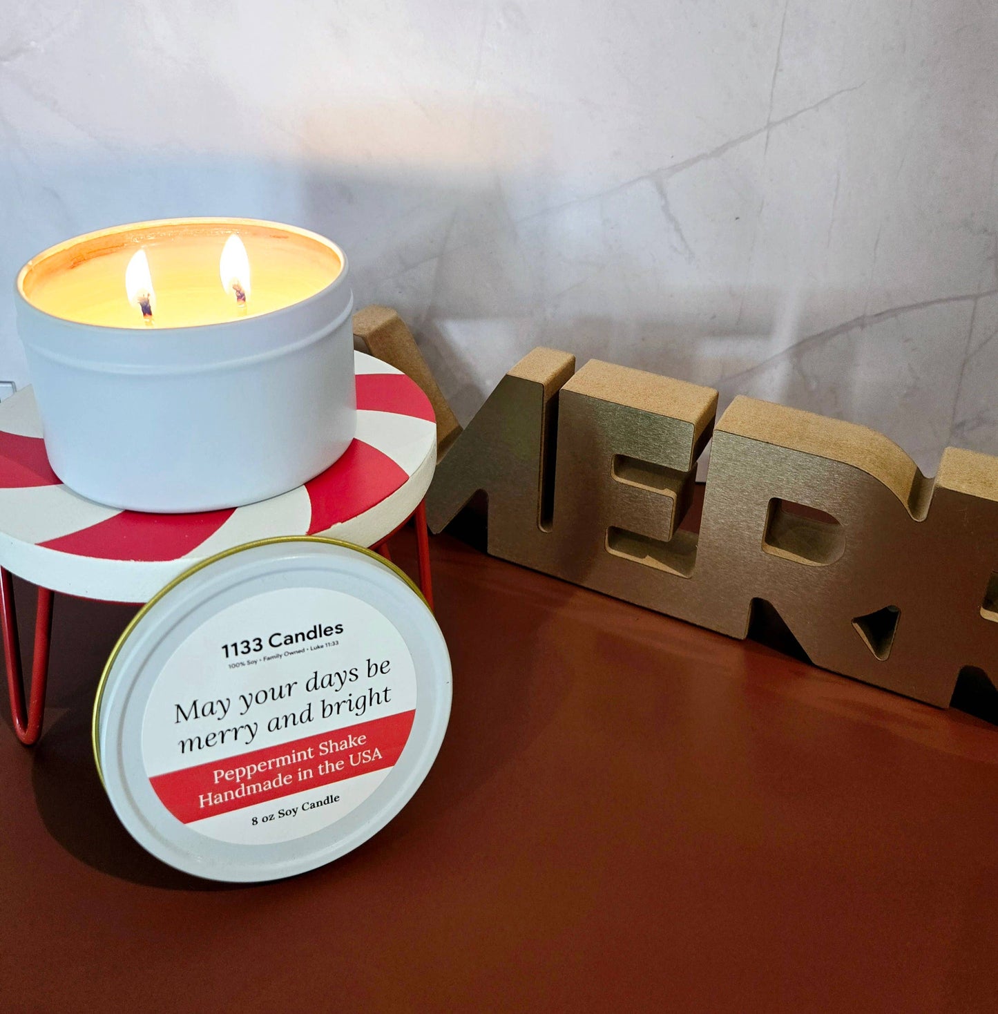 1133 Candles - Christmas 2025: 8oz Peppermint Candle - Merry & Bright