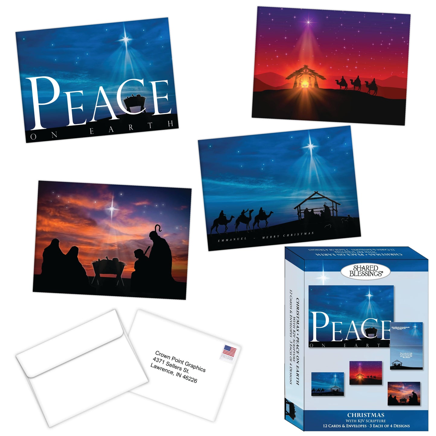 Crown Point Graphics - Religious Boxed Christmas Cards, Peace on Earth, 12 Cards
