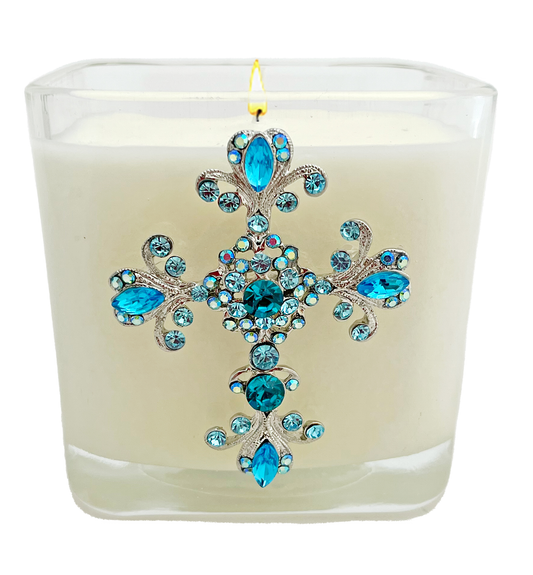 Abba Christian Products - HYSSOP - 12oz BLUE FLOURISH CROSS CANDLE