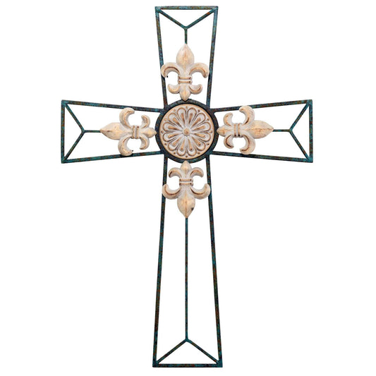 Dicksons - FLEUR DE LIS GREEN METAL WALL CROSS 20"H