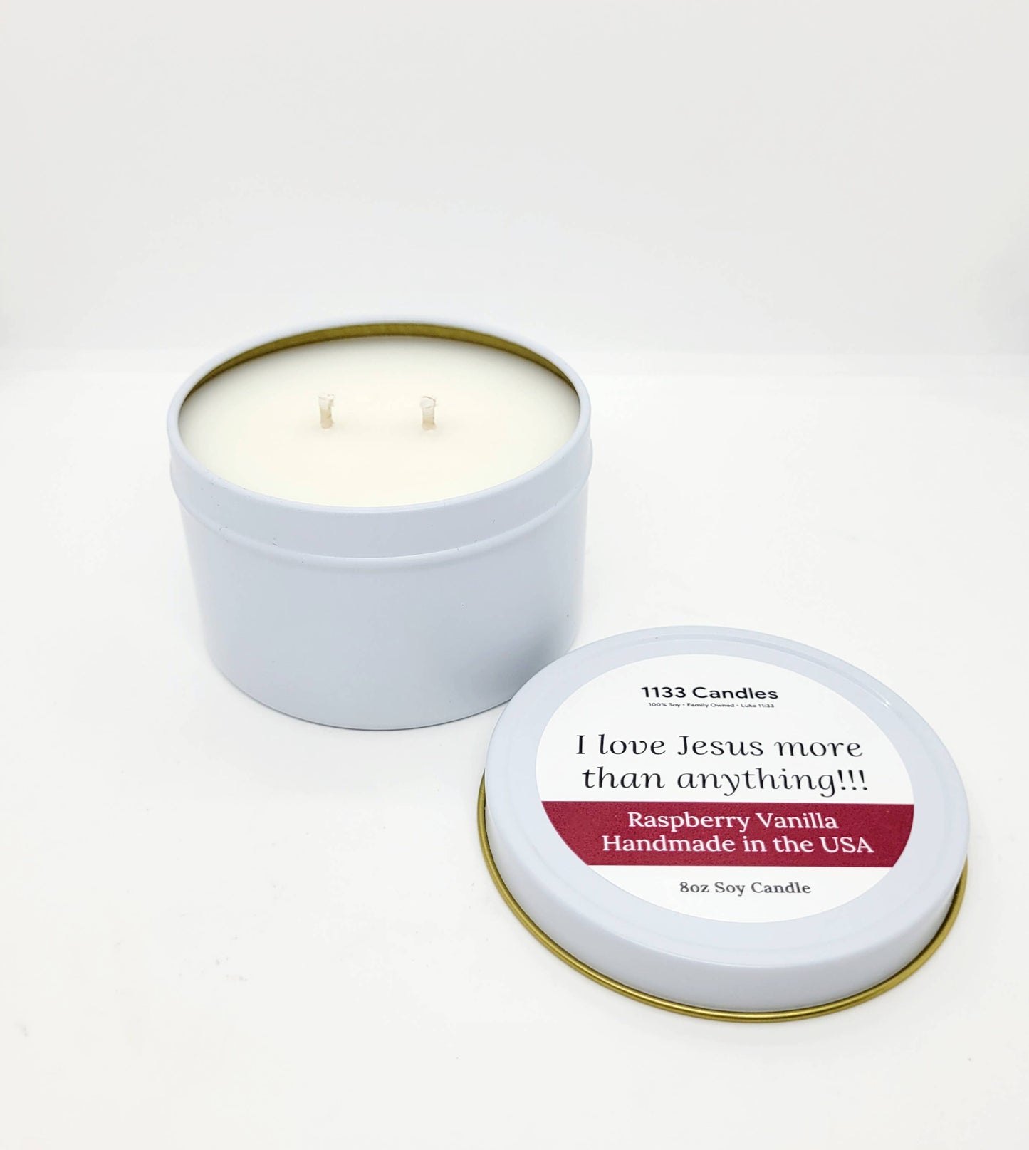 1133 Candles - 8oz Candle Raspberry Vanilla  - I love Jesus Christian Gift