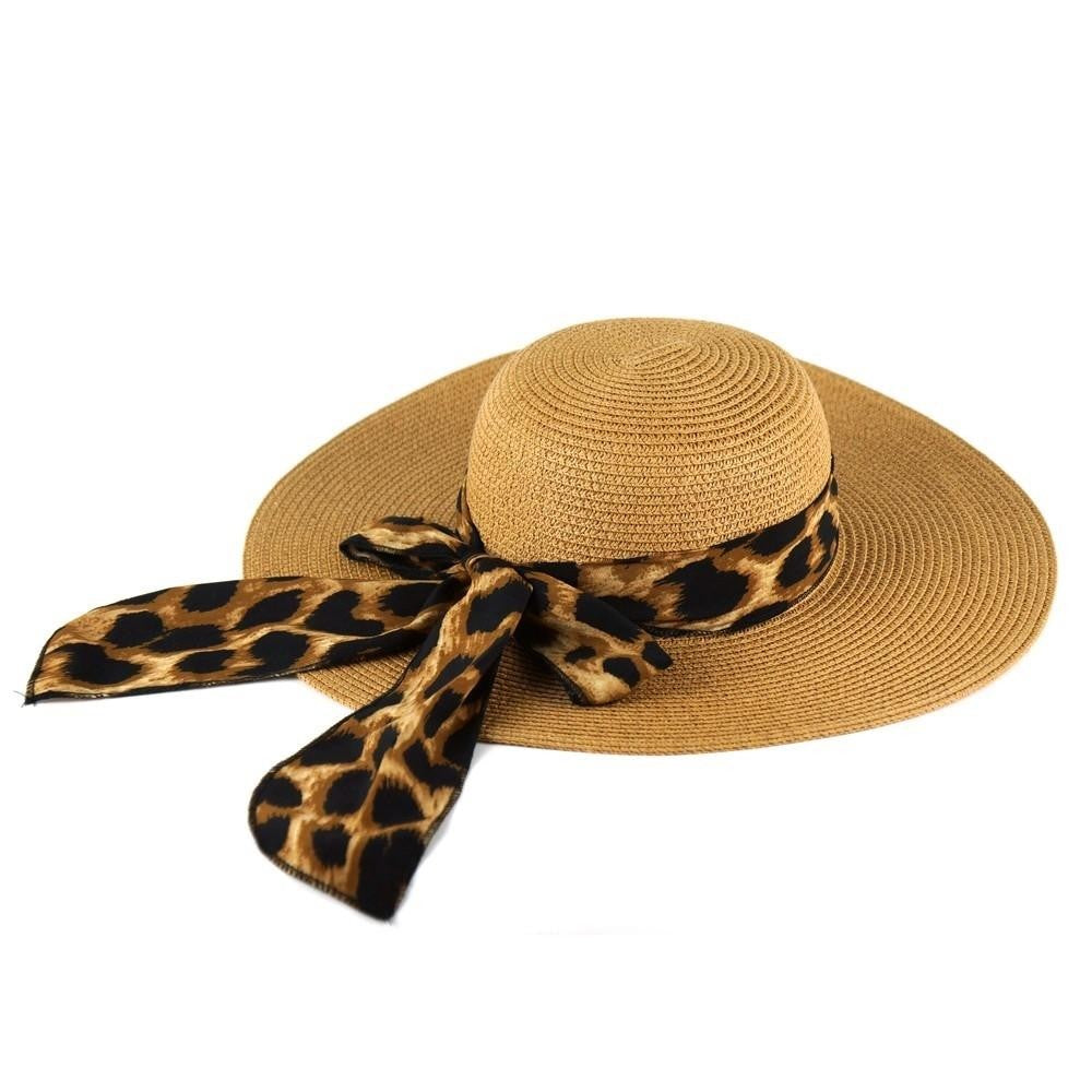 Straw Wide Brim Hat With Animal Print Ribbon