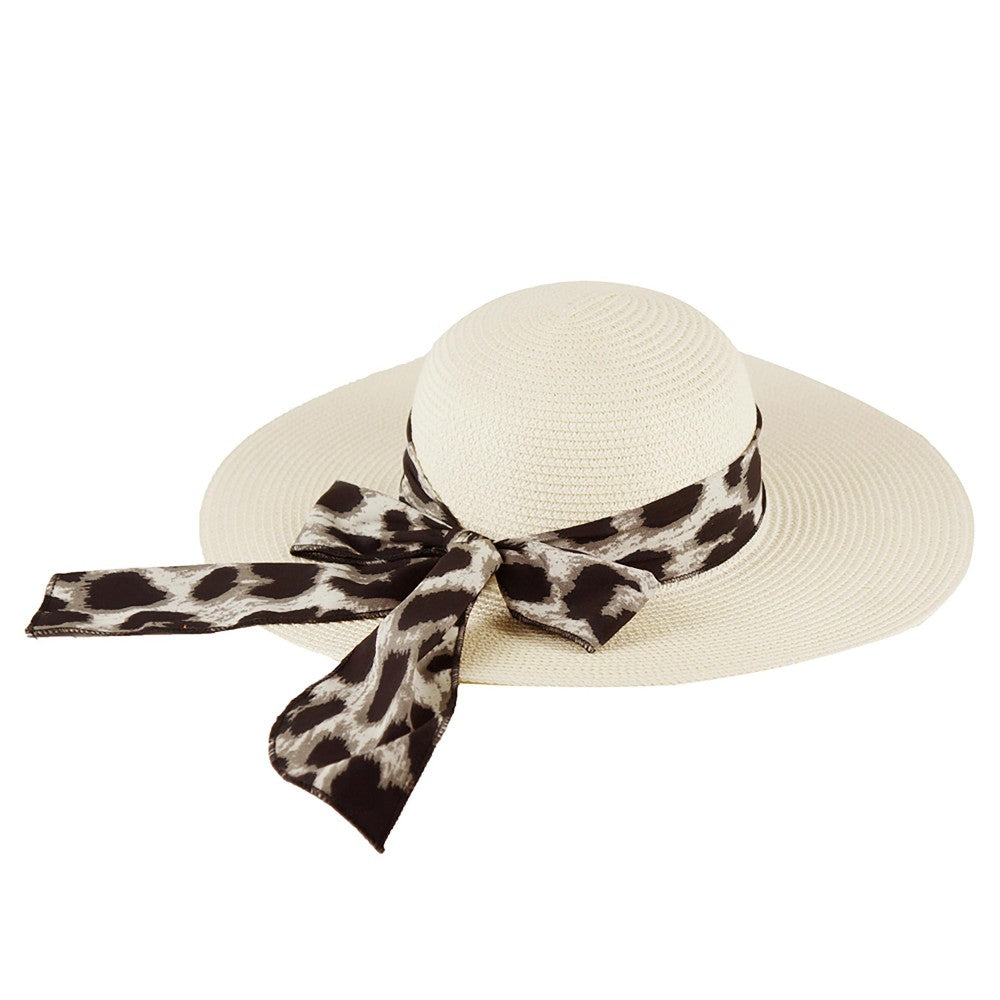 Straw Wide Brim Hat With Animal Print Ribbon