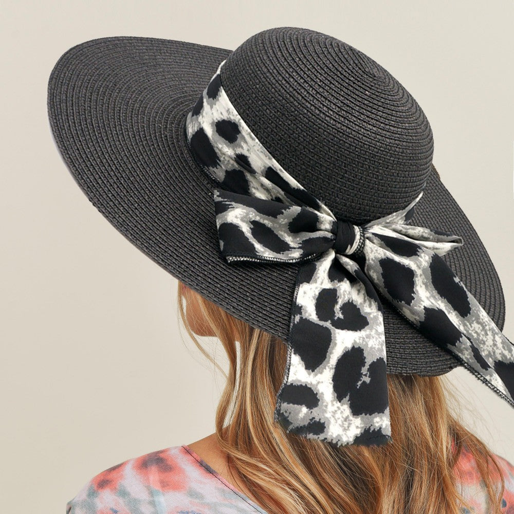 Straw Wide Brim Hat With Animal Print Ribbon