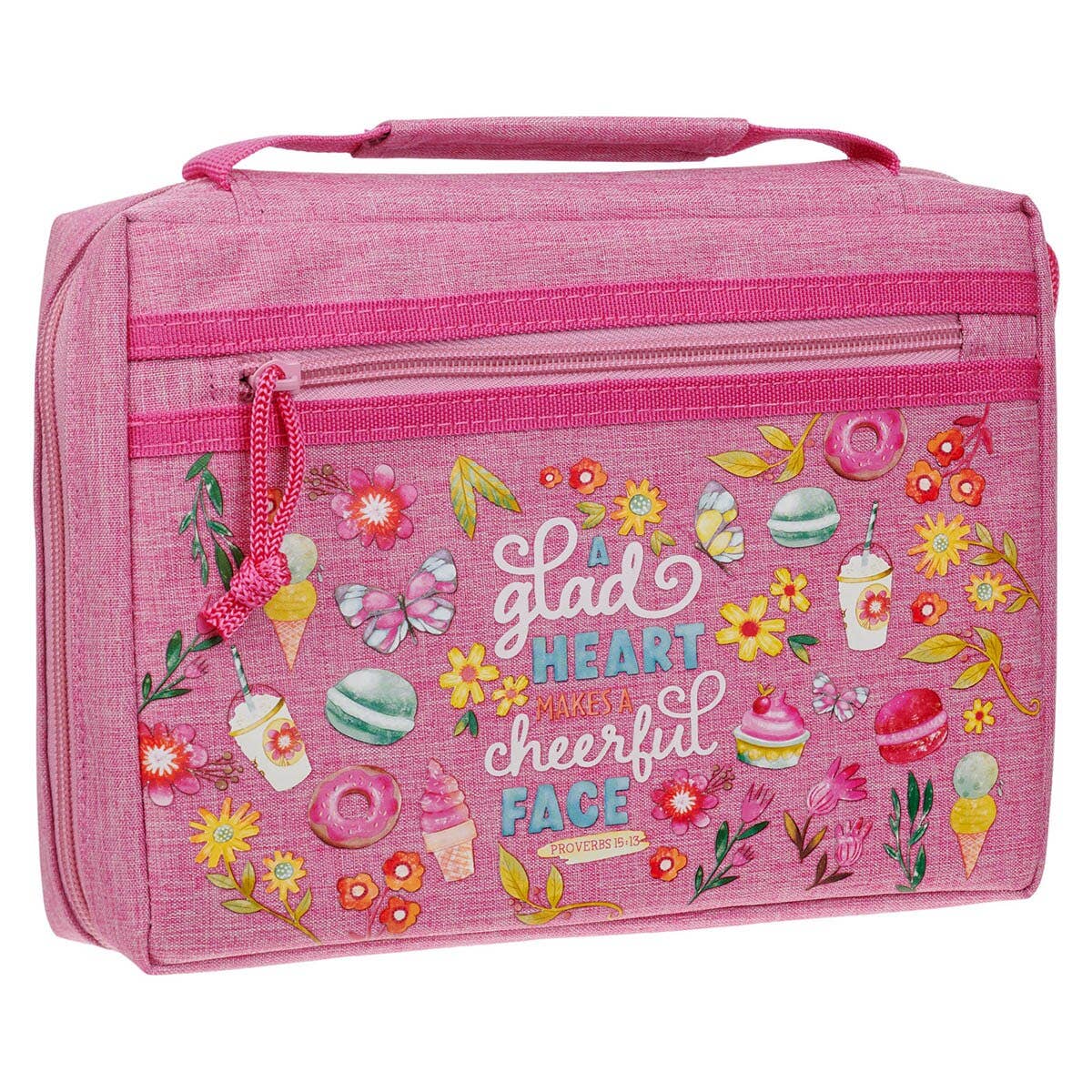 Christian Art Gifts - Bible Cover Fashion Pink A Glad Heart Makes Cheer Prov 15:13