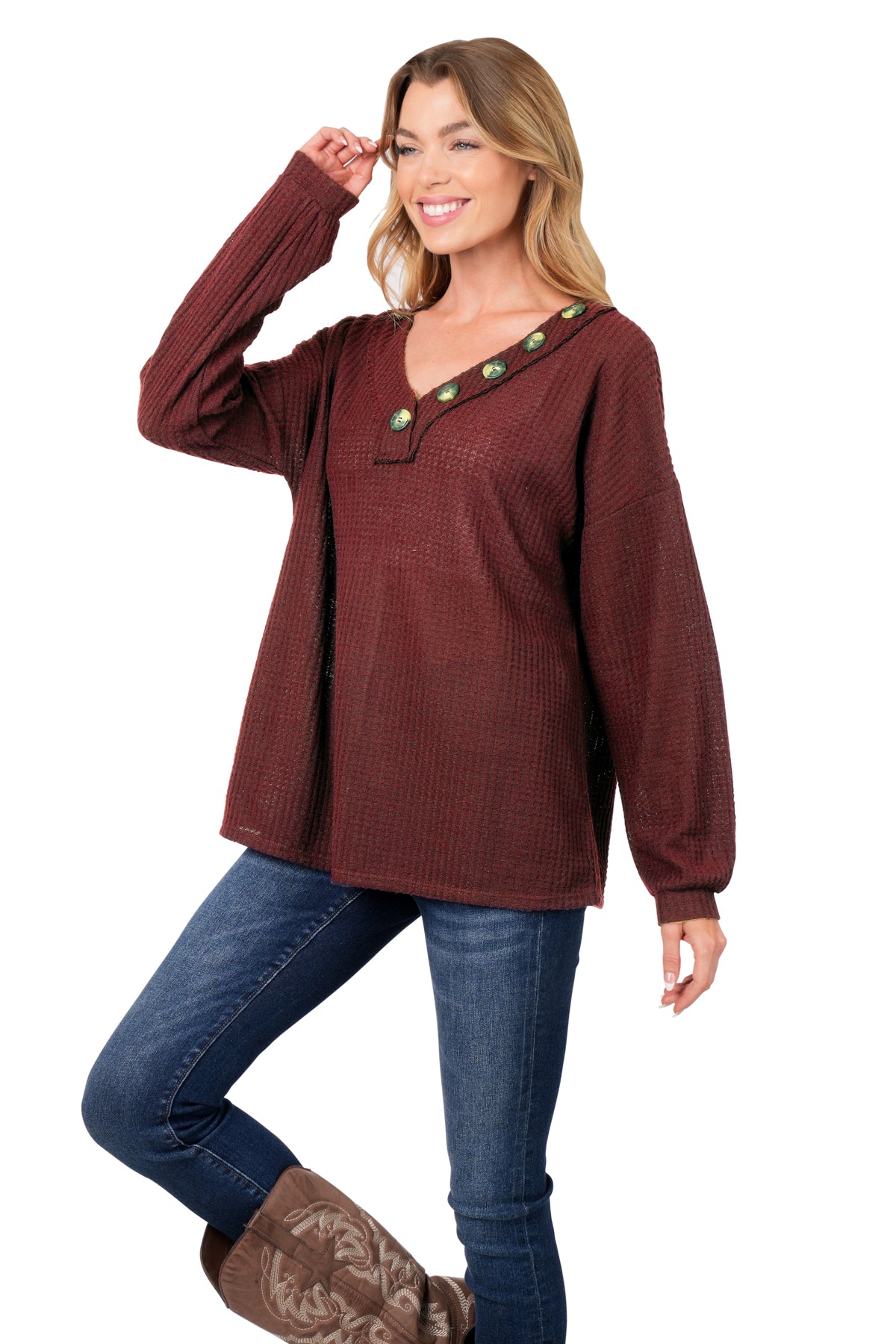 BRUSHED WAFFLE V-NECK BUTTON DETAIL SWEATER