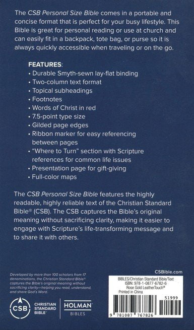 CSB Personal-Size Bible--soft leather-look, rose gold