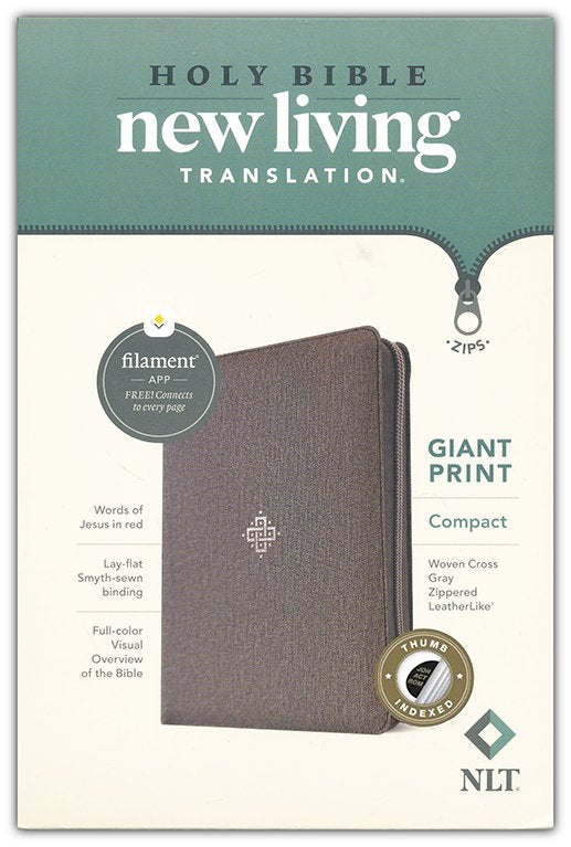 NLT Compact Bible, Filament-Enabled Edition, Giant Print--soft leather-look, woven cross gray (indexed) with zipper