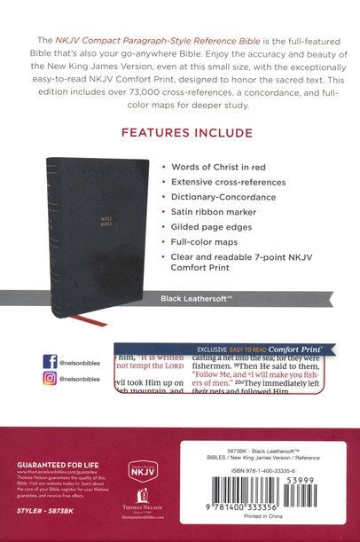 NKJV Compact Paragraph-Style Reference Bible, Comfort Print--soft leather-look, black