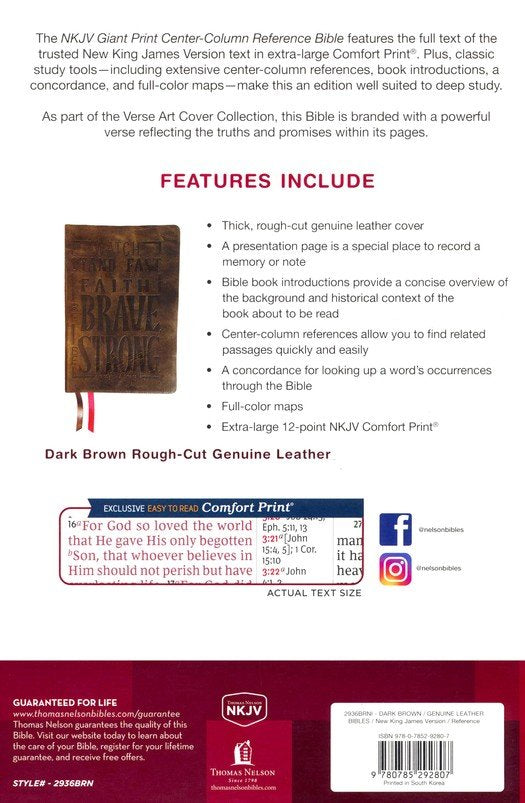NKJV, Giant Print Center-Column Reference Bible, Verse Art Cover Collection, Genuine Leather, Brown, Thumb Indexed, Red Letter, Comfort Print