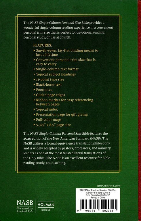 NASB Single-Column Personal Size Bible, Burnt Sienna LeatherTouch