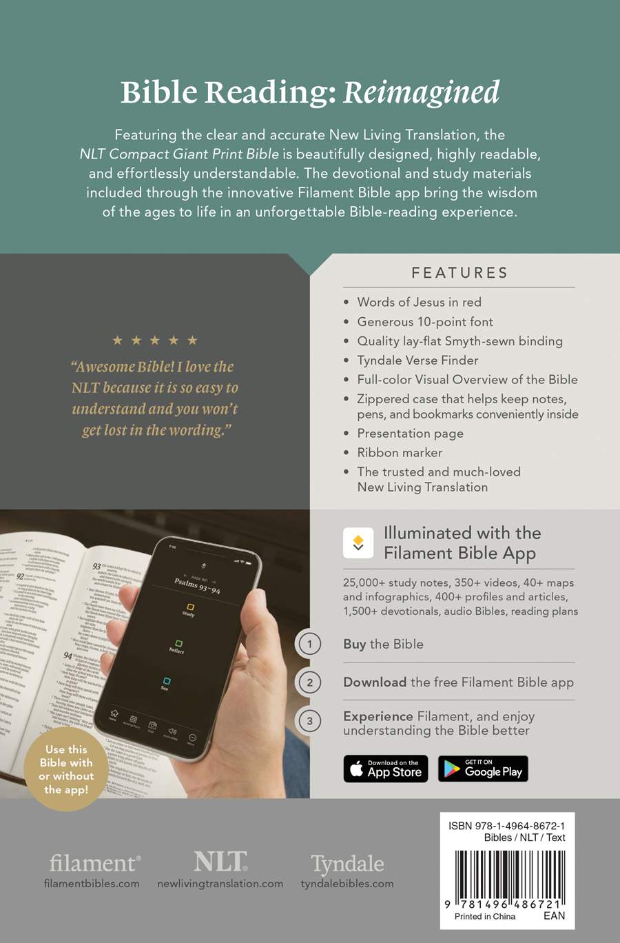 NLT Compact Giant Print Zipper Bible, Filament Enabled