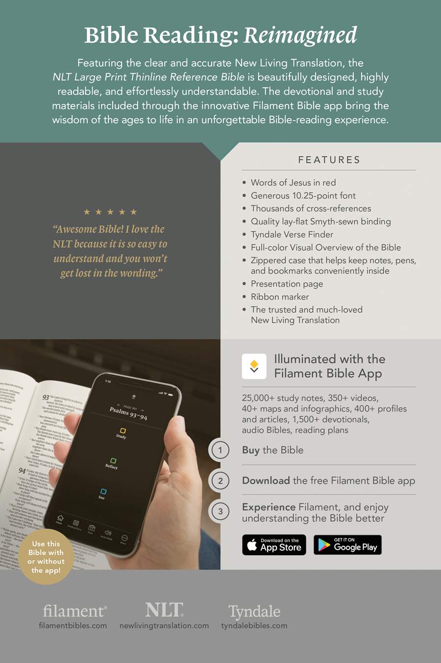 NLT Large Print Thinline Reference Zipper Bible, Filament Enabled